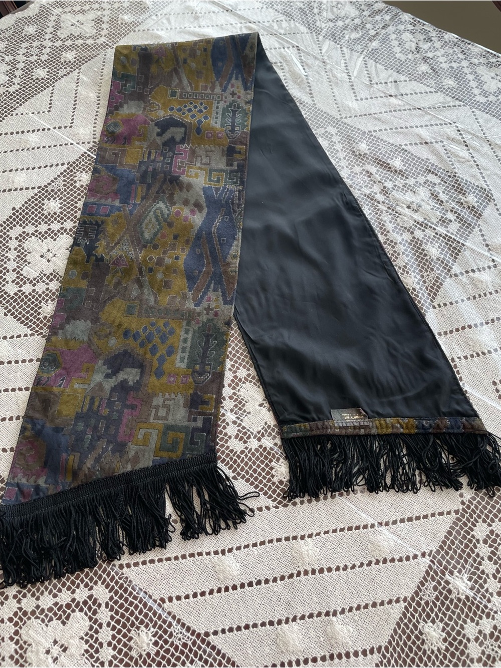 Vintage Noah’s Art Montreal Abstract Patterned Suede Fringe Scarf Olive, Purple